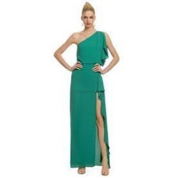 BCBGMaxazria Kendal One Shoulder Ruffle Side Slit Evening Gown Green Size 0 - Picture 1 of 11